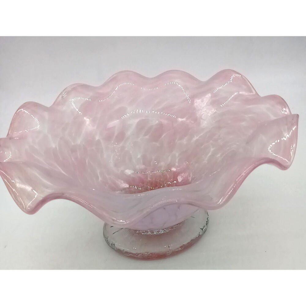 Vtg Hand Blown Pink Opalescent Glass 10" Pedestal Centerpiece Bowl Ruffled Edge